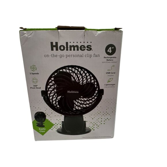 Holmes 4" On-The-Go Portable Clip Rechargeable Battery 360° Rotation Fan Black - Picture 3 of 10